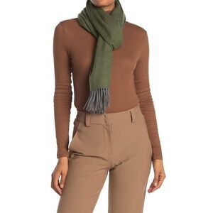 Qi Womens Cashmere Combo Double Faced Fringe Scarf Dark Green/Grey - NWT $149